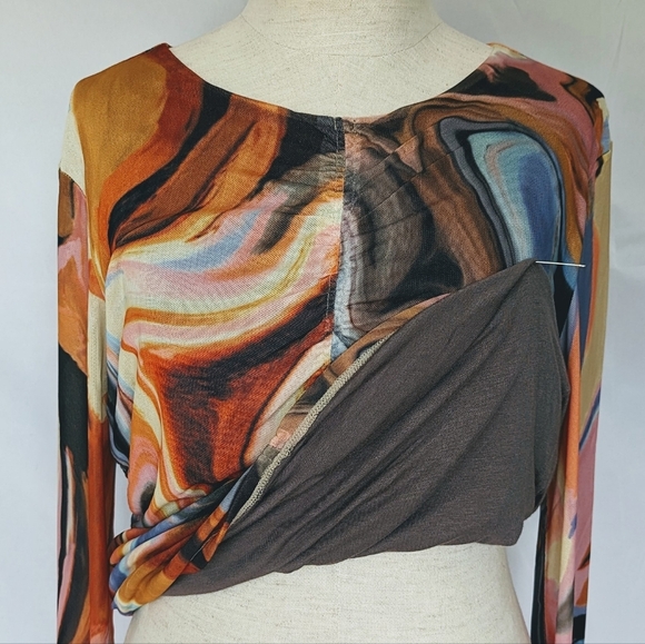 Bailey 44 Vanity Swirl Print Round Neck Mesh Overlay Ruched Center Multi L NWT - Picture 6 of 14